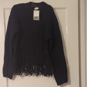 H&M Black Knit Crew Neck Sweater with Fringe Detail Size XS